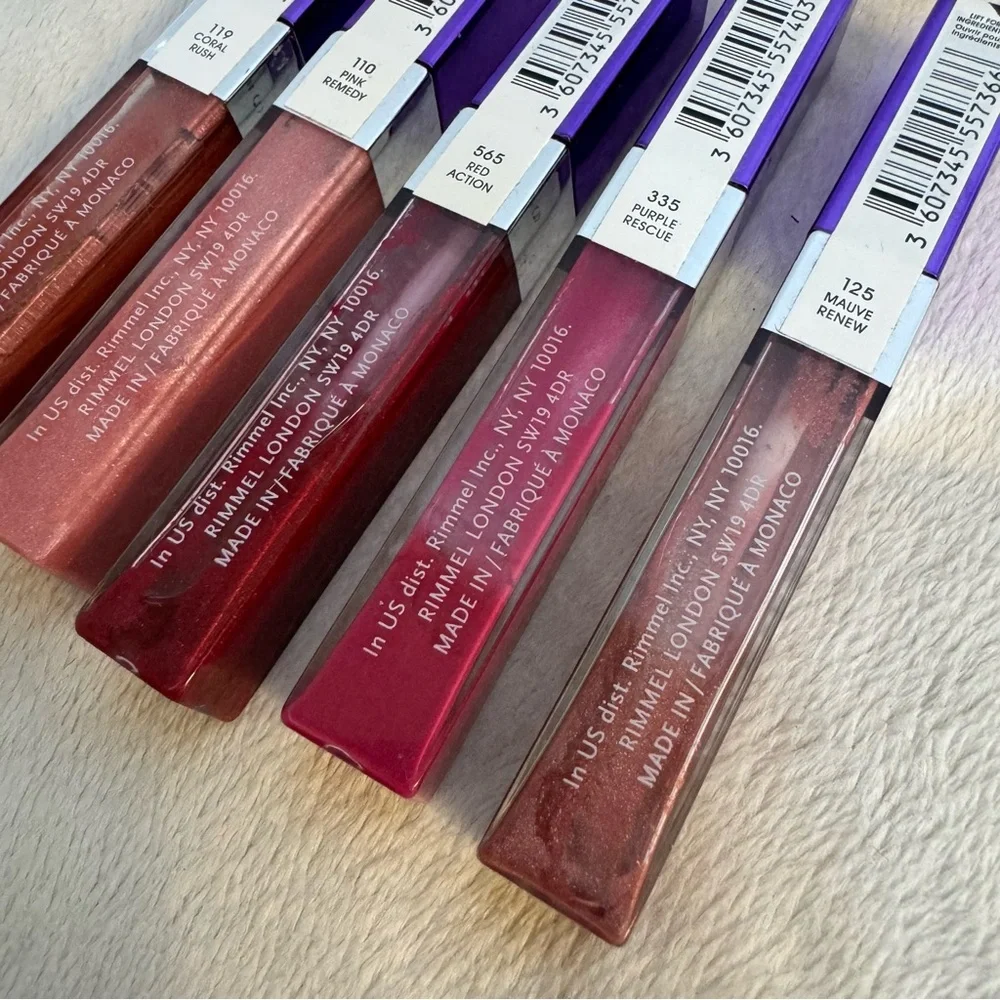 NWT RIMMEL moisture renew lip gloss set 5pc collagen coral pink red purple mauve